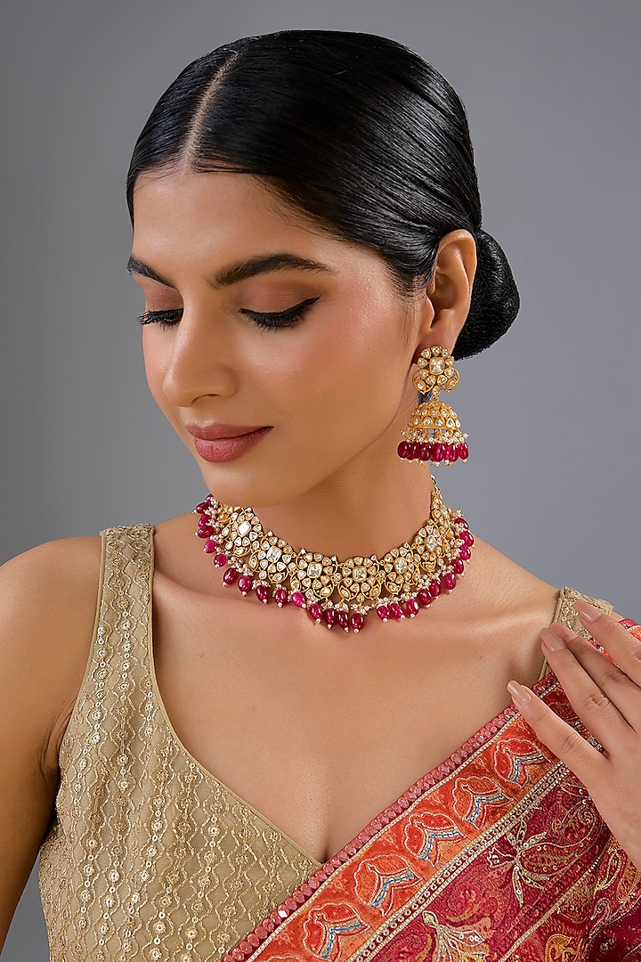 Gold Finish Moissanite & Red Pearl Necklace Set by Zevar by Geeta at Pernia's Pop Up Shop