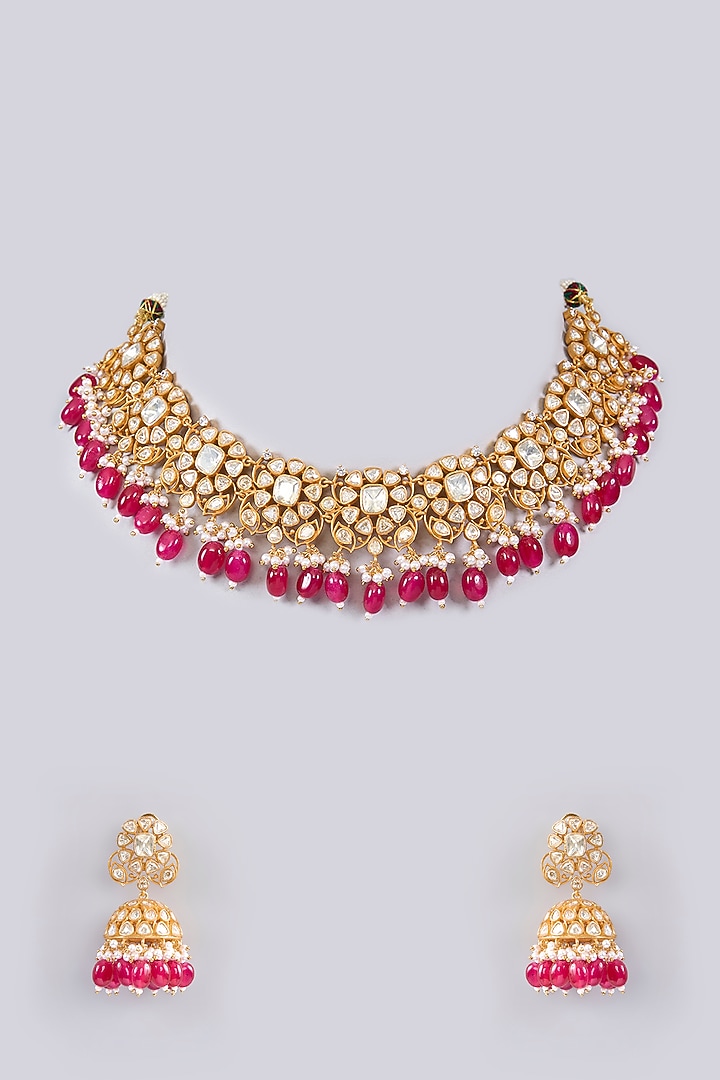 Gold Finish Moissanite & Red Pearl Necklace Set by Zevar by Geeta at Pernia's Pop Up Shop