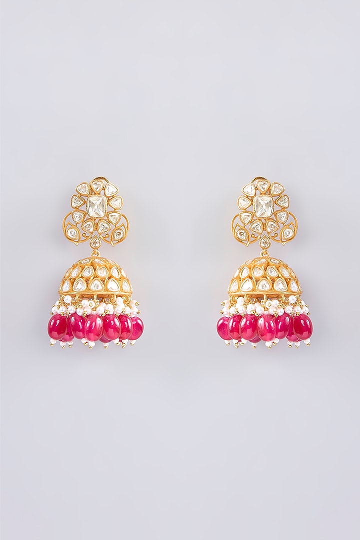 Gold Finish Moissanite & Red Pearl Necklace Set by Zevar by Geeta at Pernia's Pop Up Shop