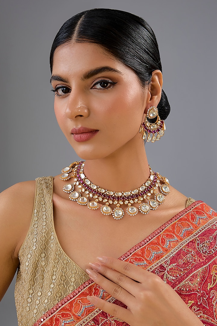 Gold Finish Moissanite & Red Pearl Necklace Set by Zevar by Geeta at Pernia's Pop Up Shop