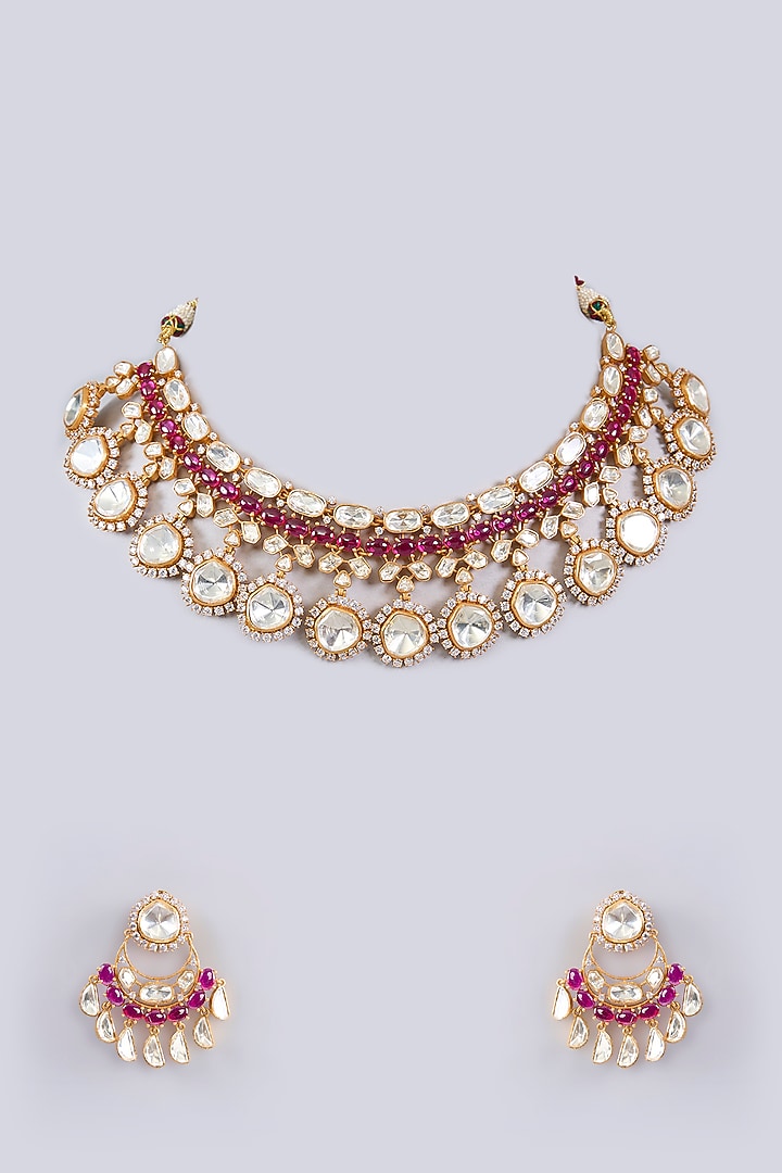 Gold Finish Moissanite & Red Pearl Necklace Set by Zevar by Geeta at Pernia's Pop Up Shop