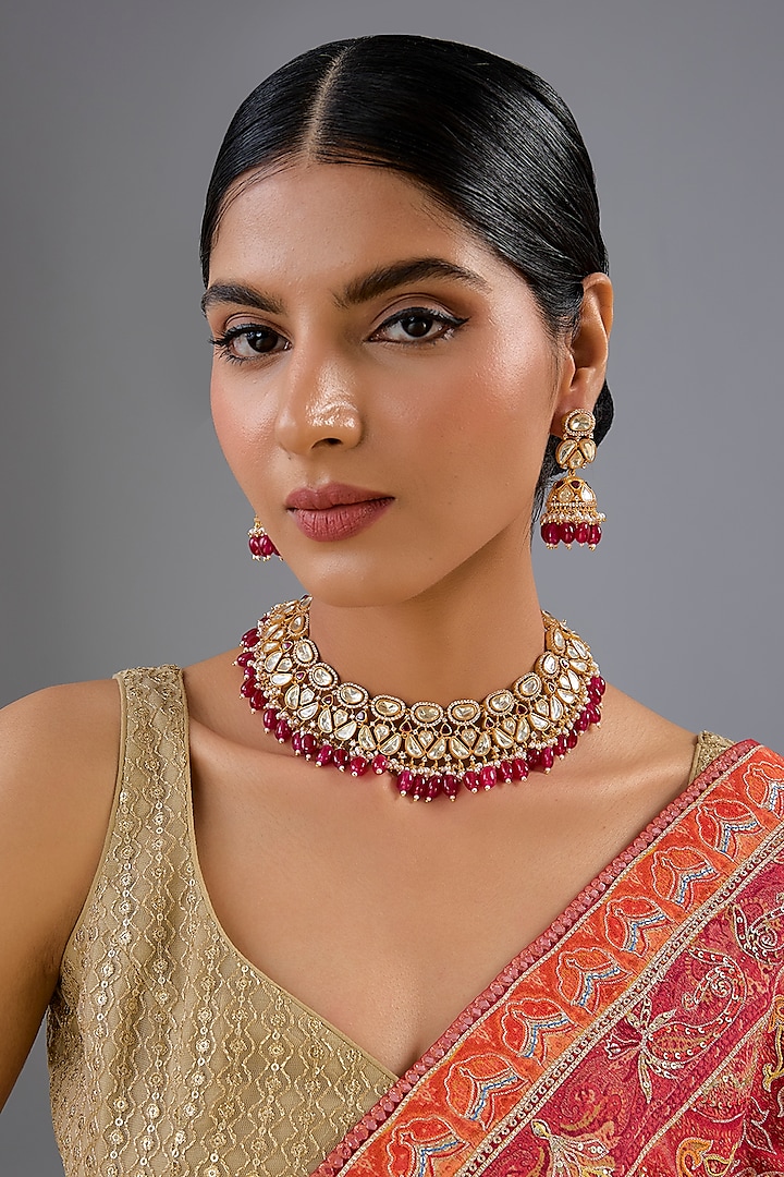 Gold Finish Moissanite & Red Pearl Necklace Set by Zevar by Geeta at Pernia's Pop Up Shop