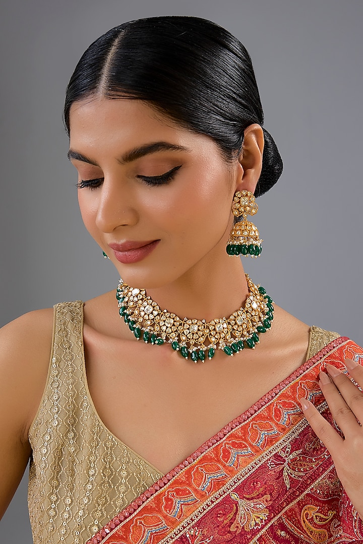 Gold Finish Moissanite & Green Pearl Necklace Set by Zevar by Geeta at Pernia's Pop Up Shop