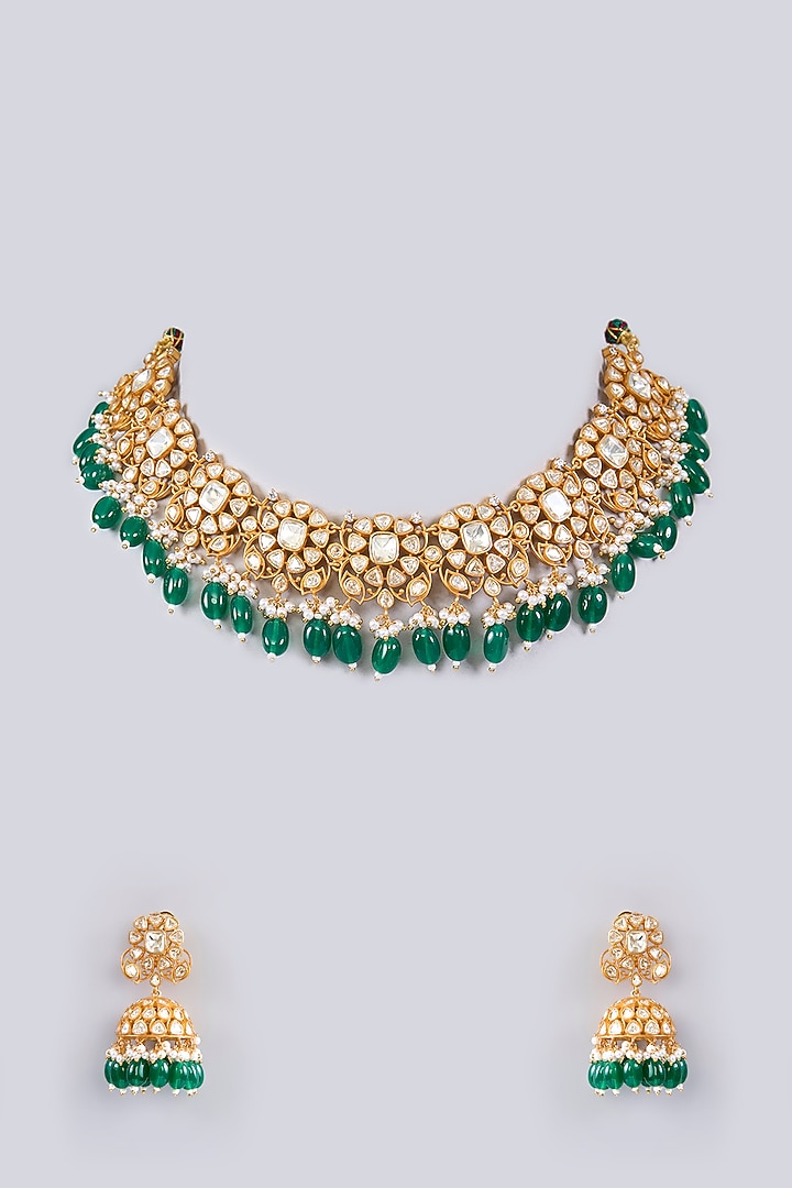 Gold Finish Moissanite & Green Pearl Necklace Set by Zevar by Geeta at Pernia's Pop Up Shop