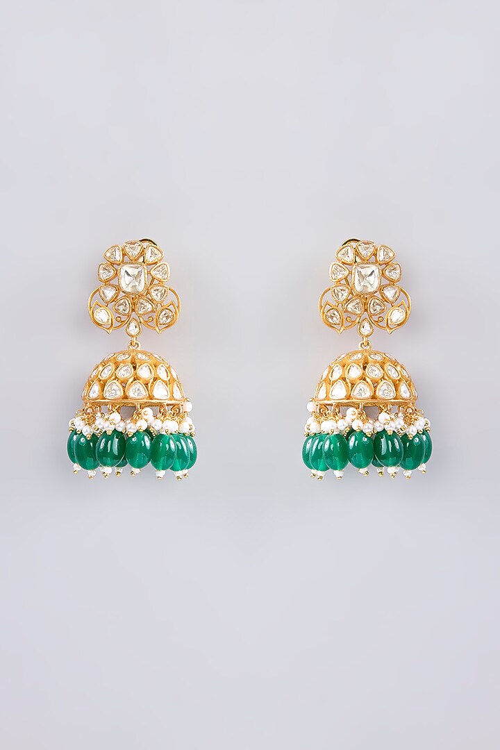 Gold Finish Moissanite & Green Pearl Necklace Set by Zevar by Geeta at Pernia's Pop Up Shop