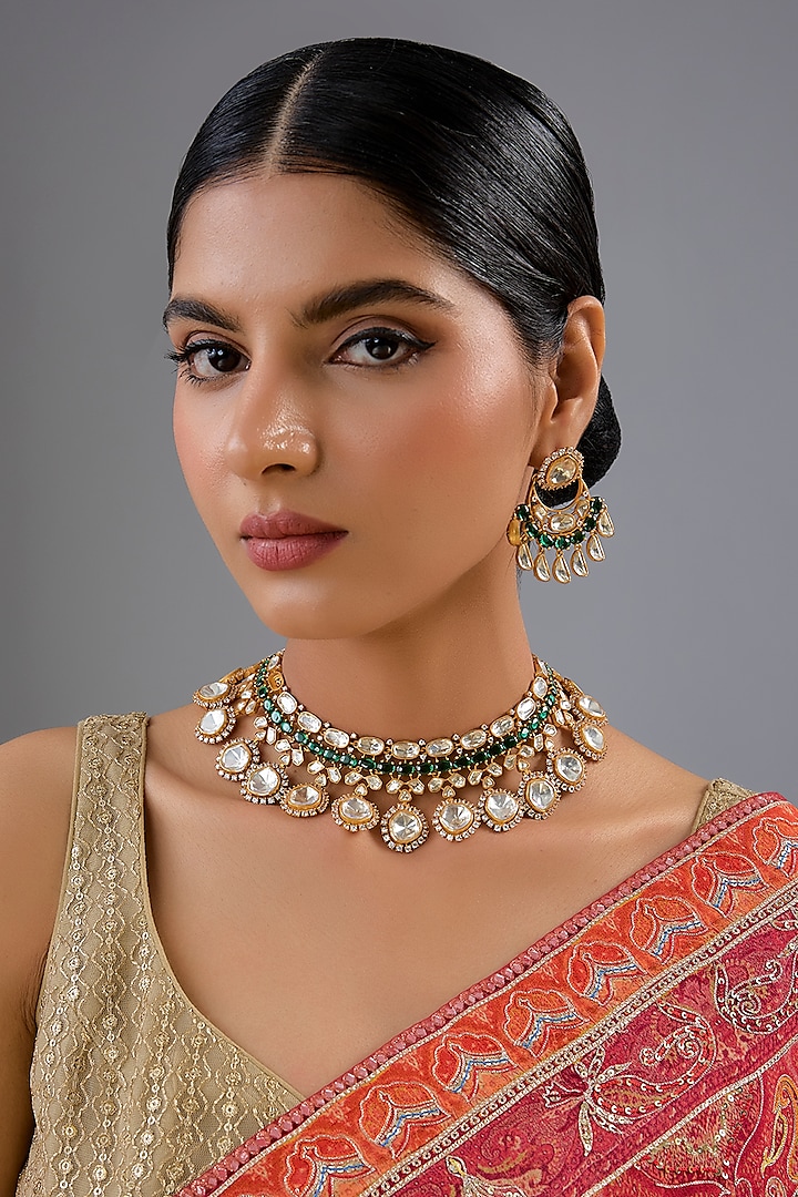 Gold Finish Moissanite Necklace Set by Zevar by Geeta at Pernia's Pop Up Shop