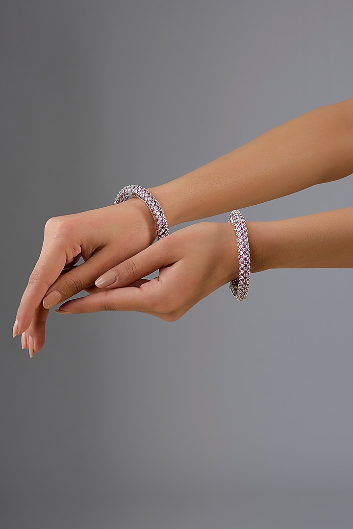 White Finish Diamond & Pink Stone Openable Bangles (Set Of 2) by Zevar by Geeta at Pernia's Pop Up Shop