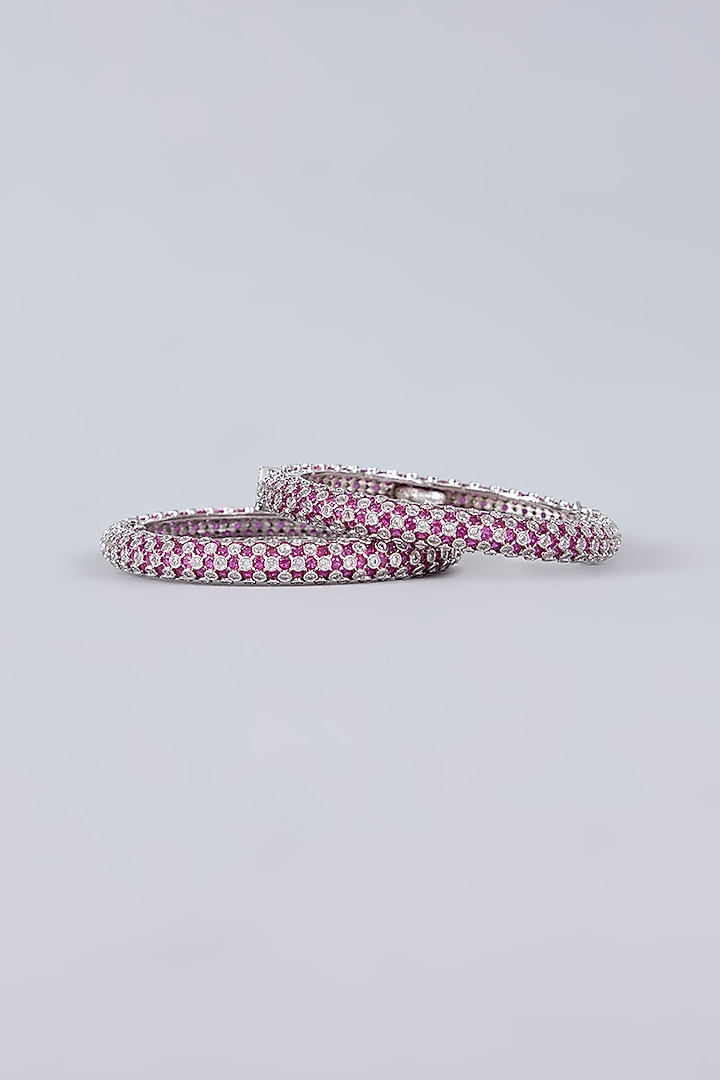White Finish Diamond & Pink Stone Openable Bangles (Set Of 2) by Zevar by Geeta at Pernia's Pop Up Shop