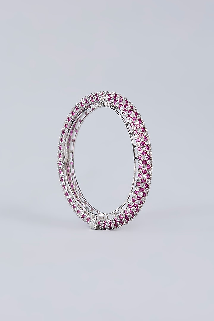 White Finish Diamond & Pink Stone Openable Bangles (Set Of 2) by Zevar by Geeta at Pernia's Pop Up Shop