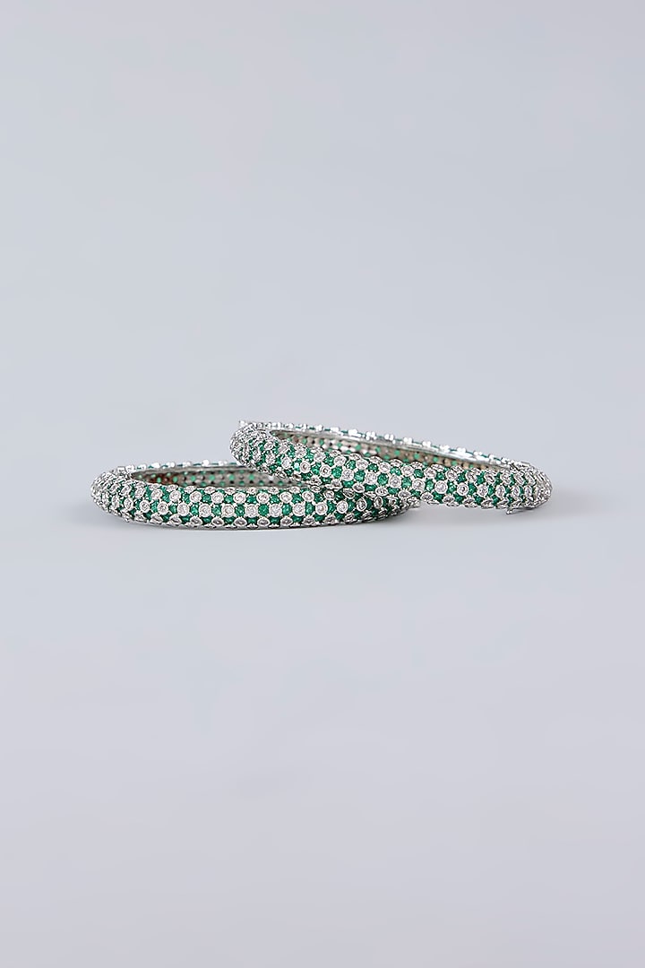 White Finish Diamond & Emerald Green Stone Openable Bangles (Set Of 2) by Zevar by Geeta at Pernia's Pop Up Shop