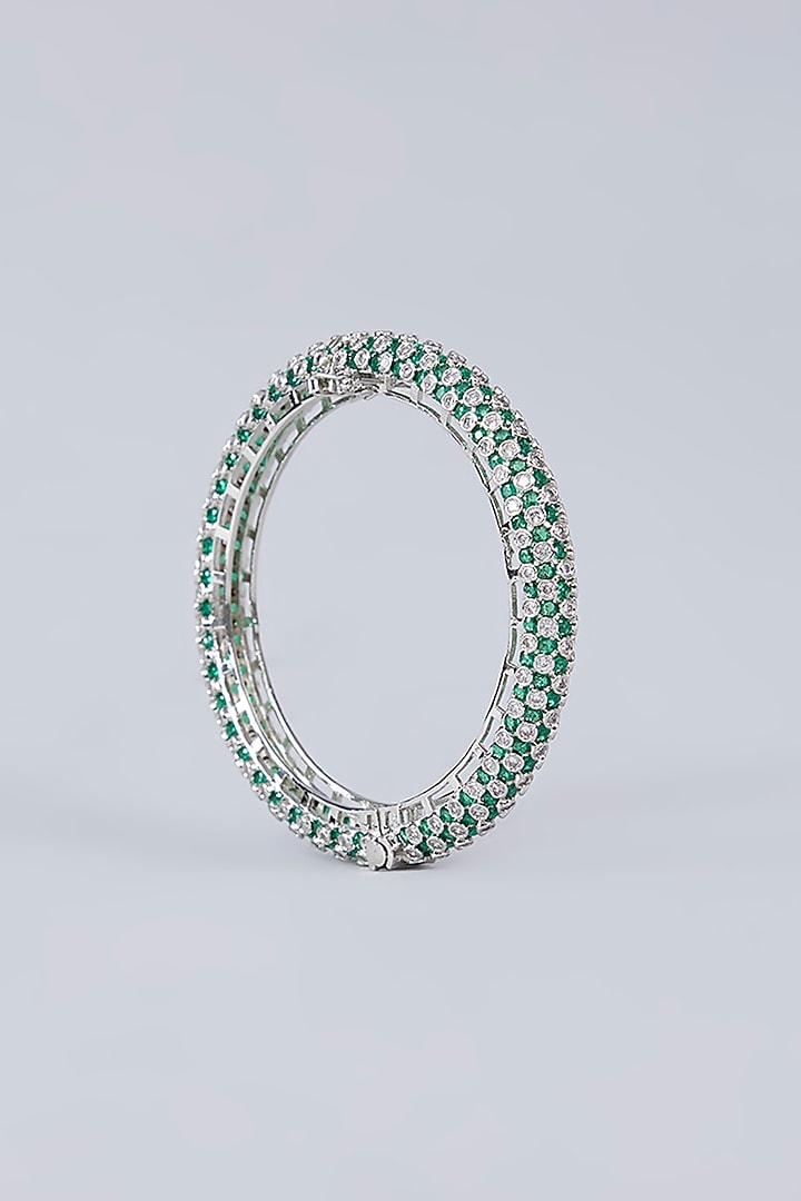 White Finish Diamond & Emerald Green Stone Openable Bangles (Set Of 2) by Zevar by Geeta at Pernia's Pop Up Shop