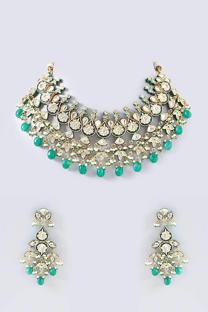 Gold Plated Green Kundan Polki & Pearl Necklace Set by Zevar by Geeta at Pernia's Pop Up Shop