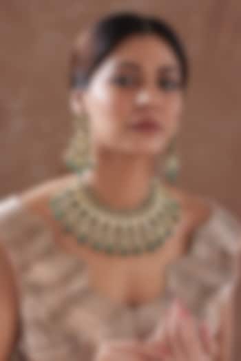 Gold Plated Green Kundan Polki & Pearl Necklace Set by Zevar by Geeta at Pernia's Pop Up Shop