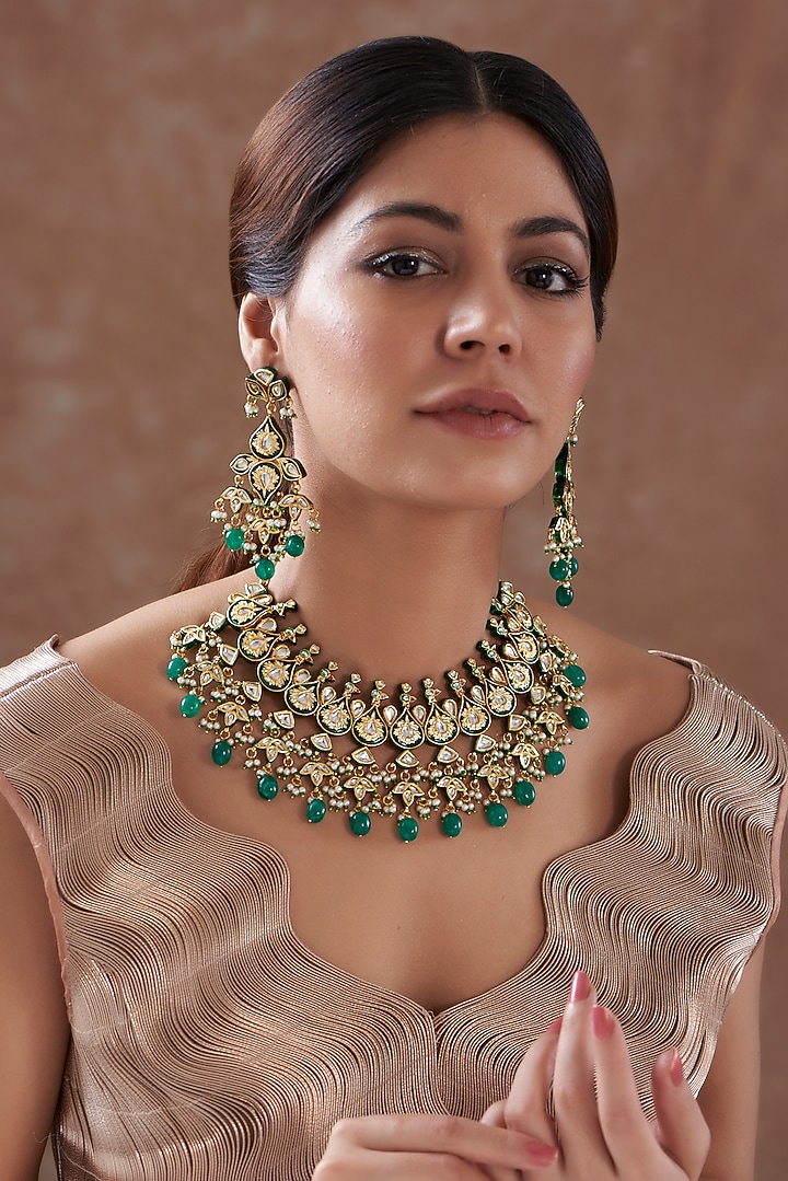 Gold Plated Green Kundan Polki & Pearl Necklace Set by Zevar by Geeta at Pernia's Pop Up Shop