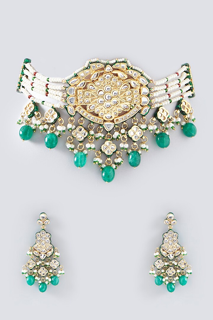 Gold Finish Green Kundan Polki & Pearl Choker Necklace Set by Zevar by Geeta at Pernia's Pop Up Shop