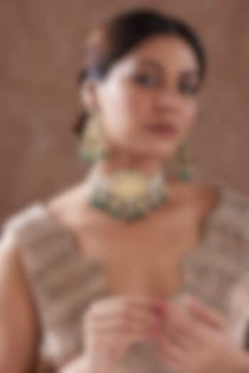 Gold Finish Green Kundan Polki & Pearl Choker Necklace Set by Zevar by Geeta at Pernia's Pop Up Shop