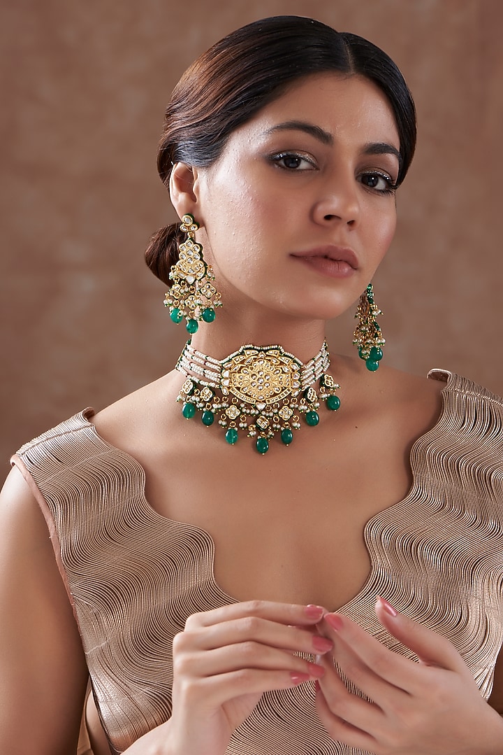 Gold Finish Green Kundan Polki & Pearl Choker Necklace Set by Zevar by Geeta at Pernia's Pop Up Shop