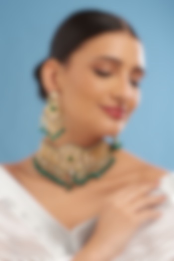 Gold Finish Kundan Polki & Green Stone Necklace Set by Zevar by Geeta at Pernia's Pop Up Shop