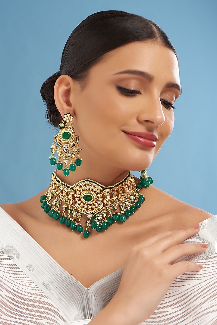 Gold Finish Kundan Polki & Green Stone Necklace Set by Zevar by Geeta at Pernia's Pop Up Shop
