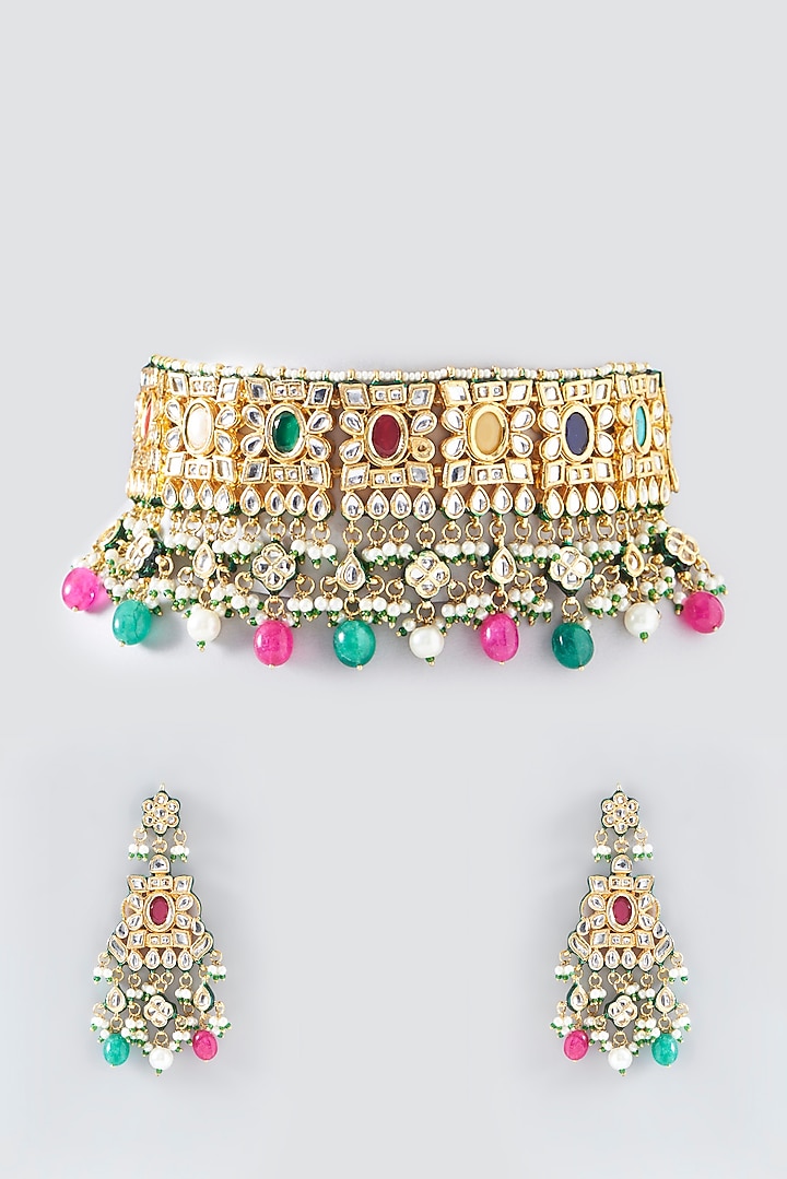 Gold Finish Kundan Polki & Multi-Colored Stone Choker Necklace Set by Zevar by Geeta at Pernia's Pop Up Shop