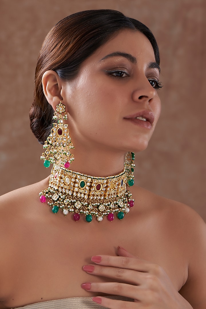 Gold Finish Kundan Polki & Multi-Colored Stone Choker Necklace Set by Zevar by Geeta at Pernia's Pop Up Shop