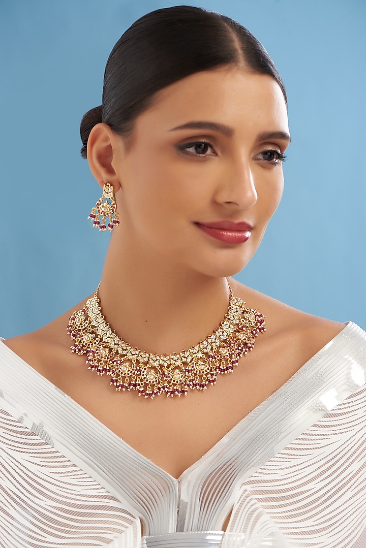 Gold Plated Kundan Polki & Ruby Stone Necklace Set by Zevar by Geeta at Pernia's Pop Up Shop