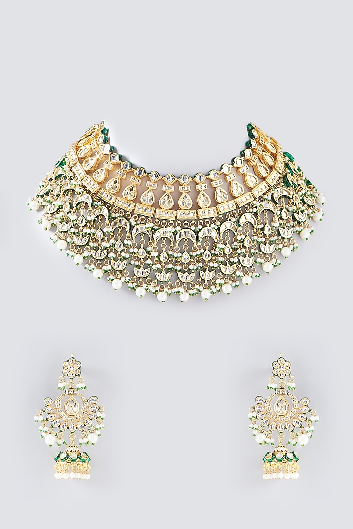 Gold Plated Kundan Polki & Green Stone Necklace Set by Zevar by Geeta at Pernia's Pop Up Shop