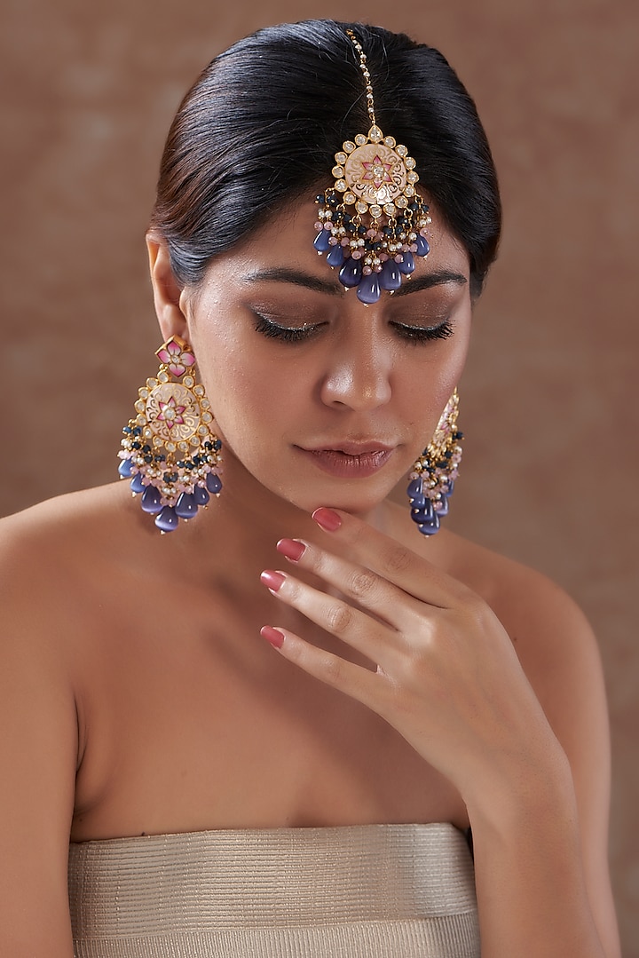 Gold Plated Kundan Polki & Purple Pearl Dangler Earrings With Maang Tikka by Zevar by Geeta