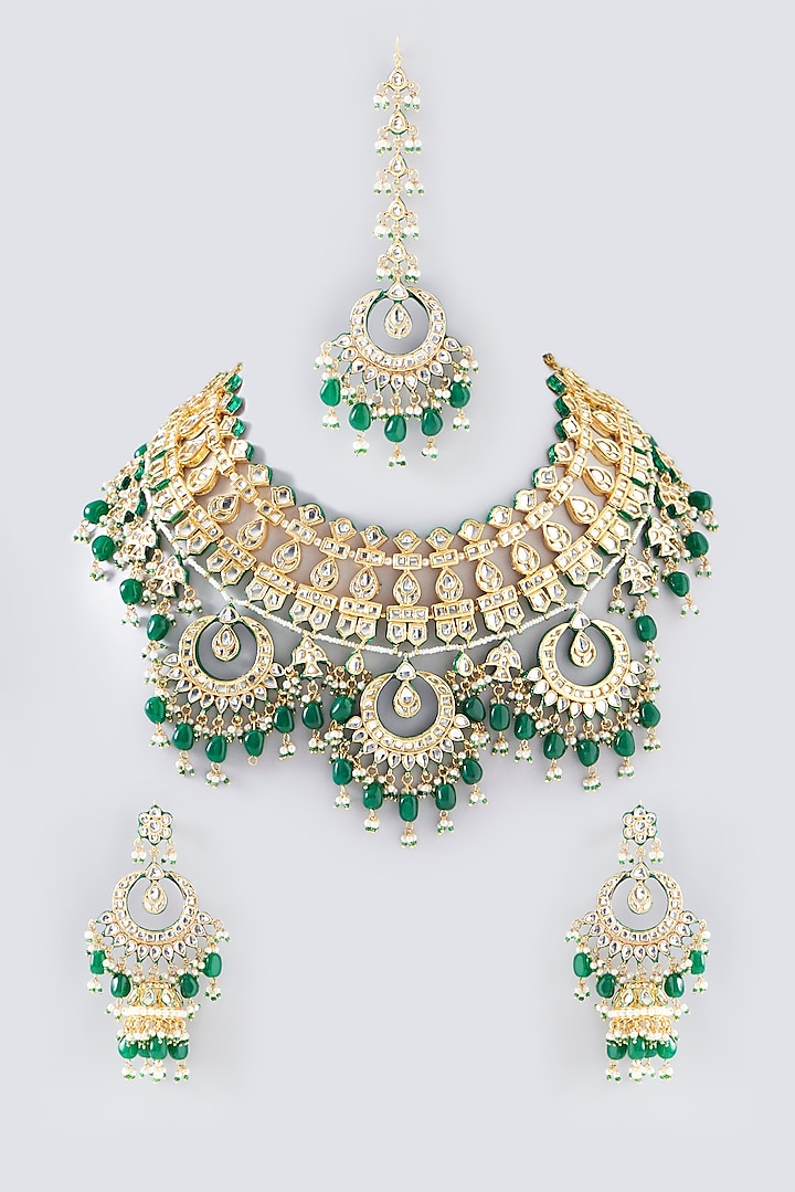 Gold Plated Kundan Polki & Green Pearl Necklace Set by Zevar by Geeta at Pernia's Pop Up Shop