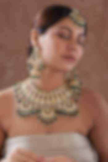 Gold Plated Kundan Polki & Green Pearl Necklace Set by Zevar by Geeta at Pernia's Pop Up Shop