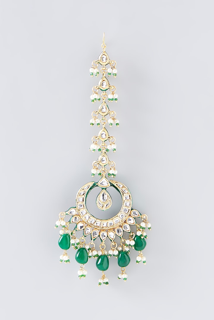 Gold Plated Kundan Polki & Green Pearl Necklace Set by Zevar by Geeta at Pernia's Pop Up Shop