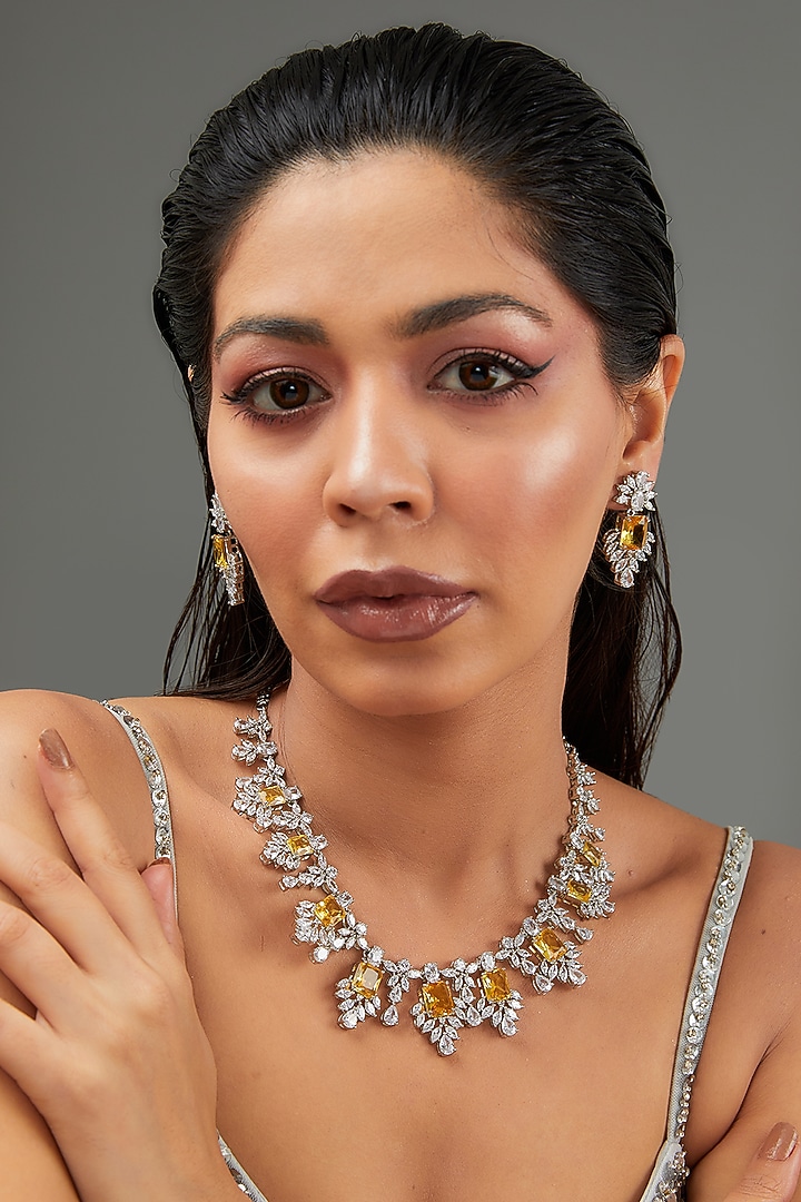 White Finish Faux Diamond & Yellow Stone Necklace Set by Zevar By Geeta at Pernia's Pop Up Shop
