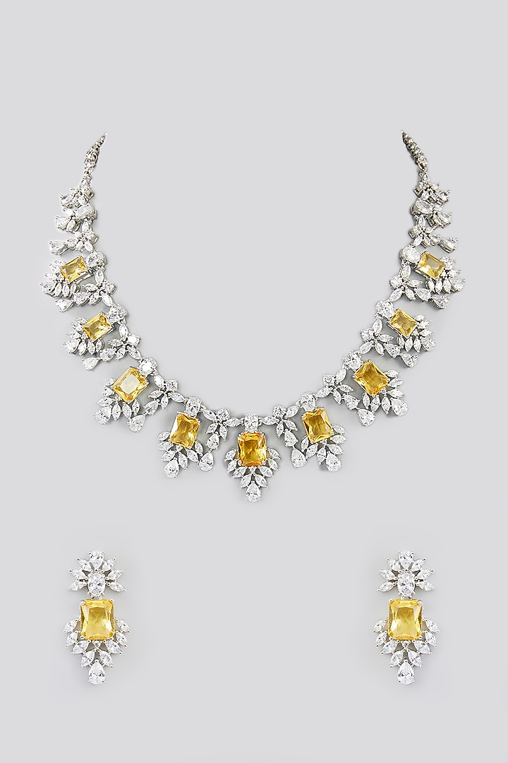 White Finish Faux Diamond & Yellow Stone Necklace Set by Zevar By Geeta at Pernia's Pop Up Shop