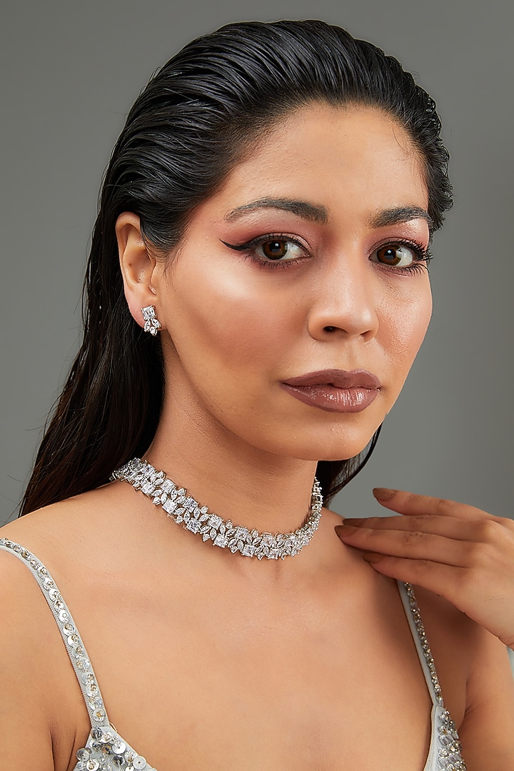 White Finish Faux Diamond Choker Necklace Set by Zevar By Geeta at Pernia's Pop Up Shop