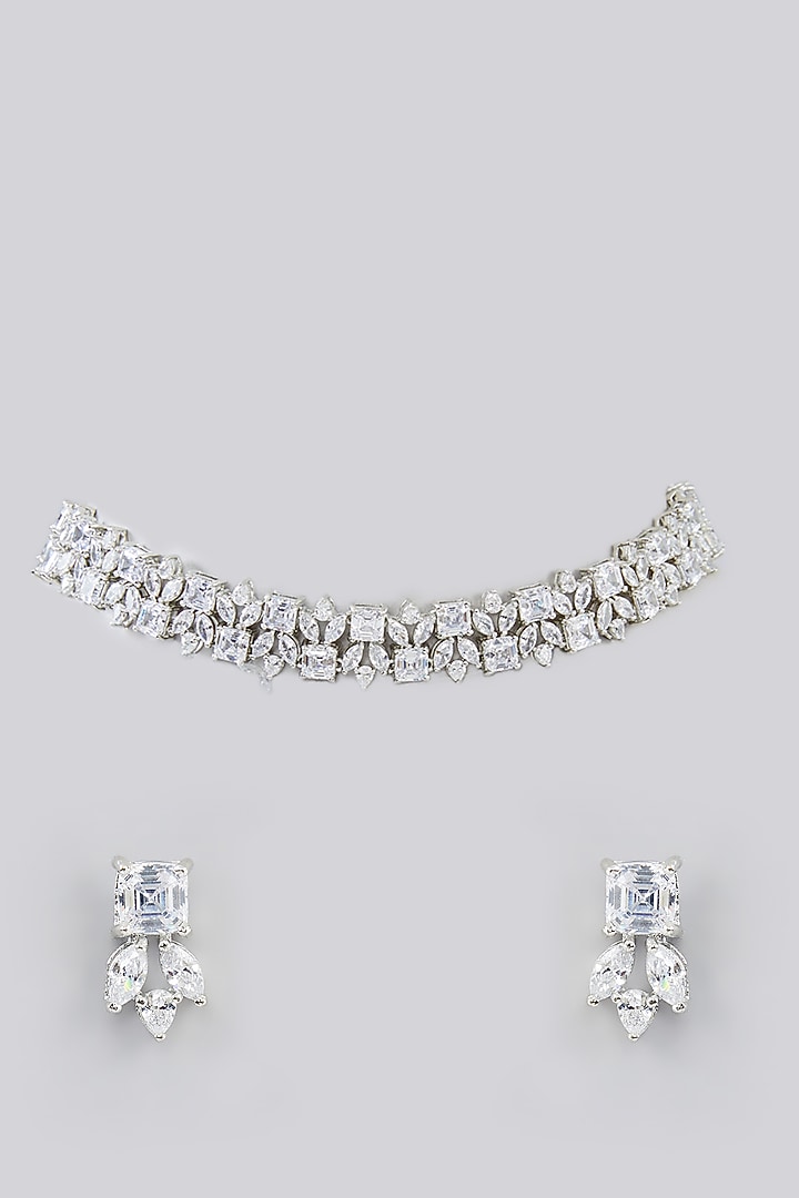 White Finish Faux Diamond Choker Necklace Set by Zevar By Geeta at Pernia's Pop Up Shop