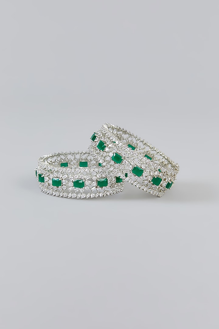 White Finish Faux Diamond Bangles (Set of 2) by Zevar By Geeta at Pernia's Pop Up Shop