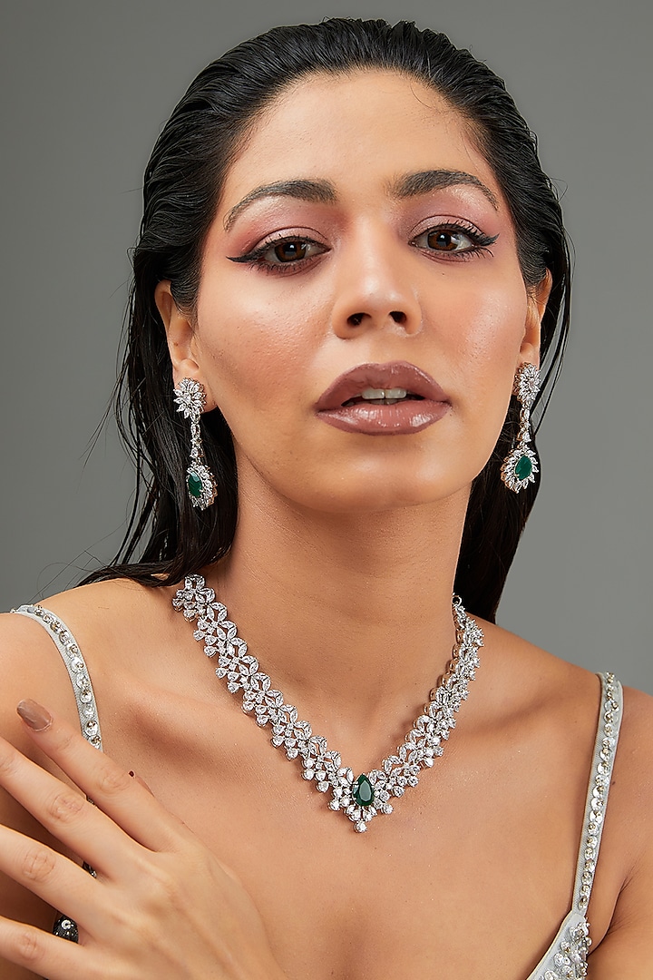 White Finish Faux Diamond & Emerald Stone Necklace Set by Zevar By Geeta