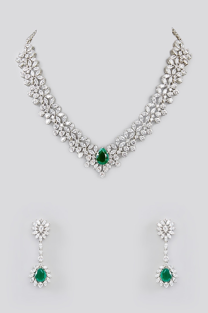 White Finish Faux Diamond & Emerald Stone Necklace Set by Zevar By Geeta at Pernia's Pop Up Shop