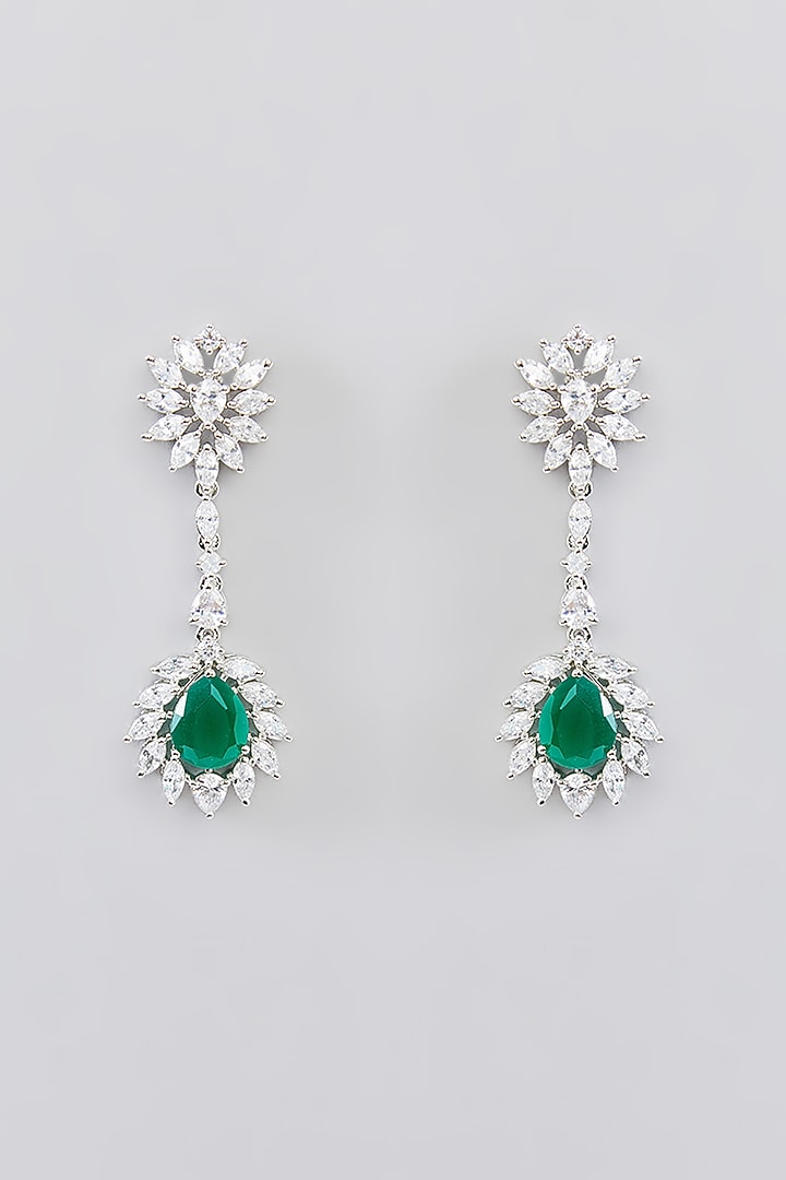 White Finish Faux Diamond & Emerald Stone Necklace Set by Zevar By Geeta at Pernia's Pop Up Shop