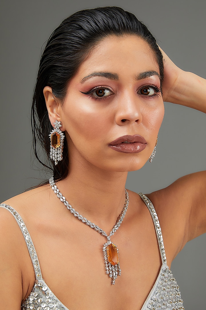 White Finish Faux Diamond & Gold Topaz Stone Necklace Set by Zevar By Geeta