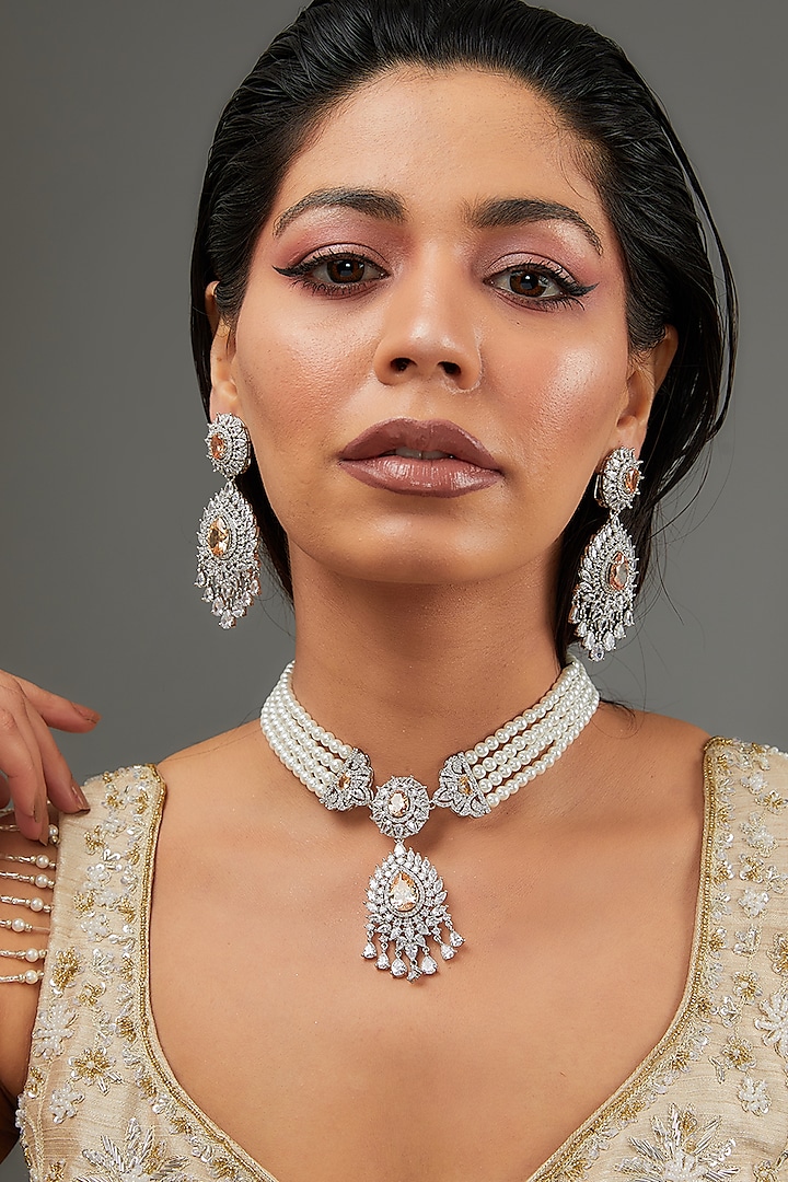 White Finish Faux Diamond & Peach Stone Choker Necklace Set by Zevar By Geeta