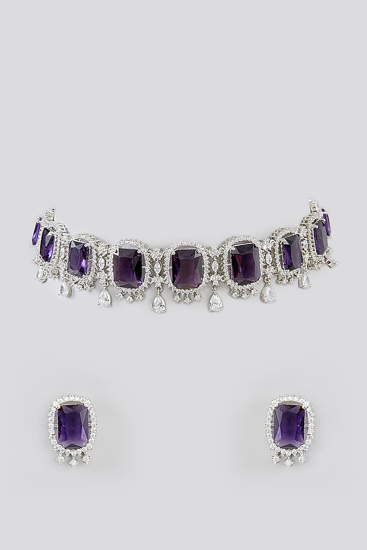 White Finish Faux Diamond & Blue Stone Choker Necklace Set by Zevar By Geeta at Pernia's Pop Up Shop