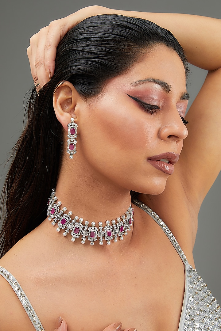 White Finish Faux Diamond & Pink Stone Choker Necklace Set by Zevar By Geeta