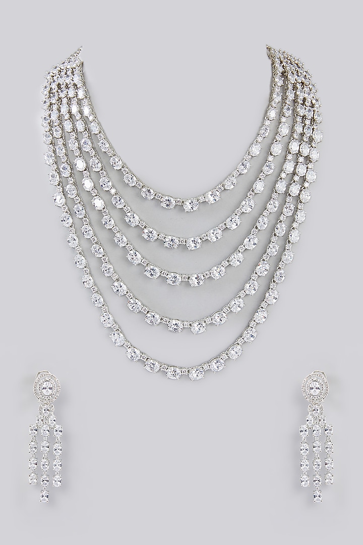 White Finish Faux Diamond Layered Necklace Set by Zevar By Geeta at Pernia's Pop Up Shop