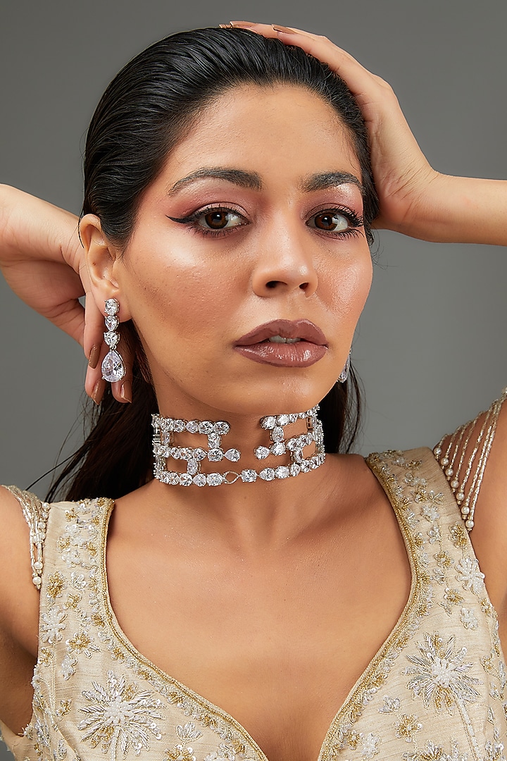 White Finish Faux Diamond Choker Necklace Set by Zevar By Geeta