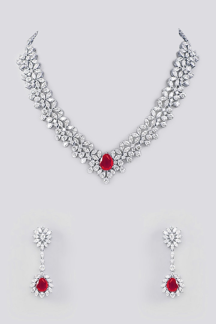 White Finish Faux Diamond Necklace Set by Zevar By Geeta at Pernia's Pop Up Shop