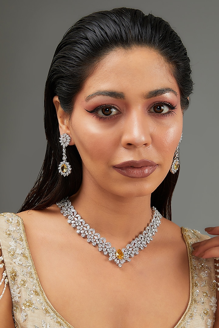 White Finish Faux Diamond Necklace Set by Zevar By Geeta