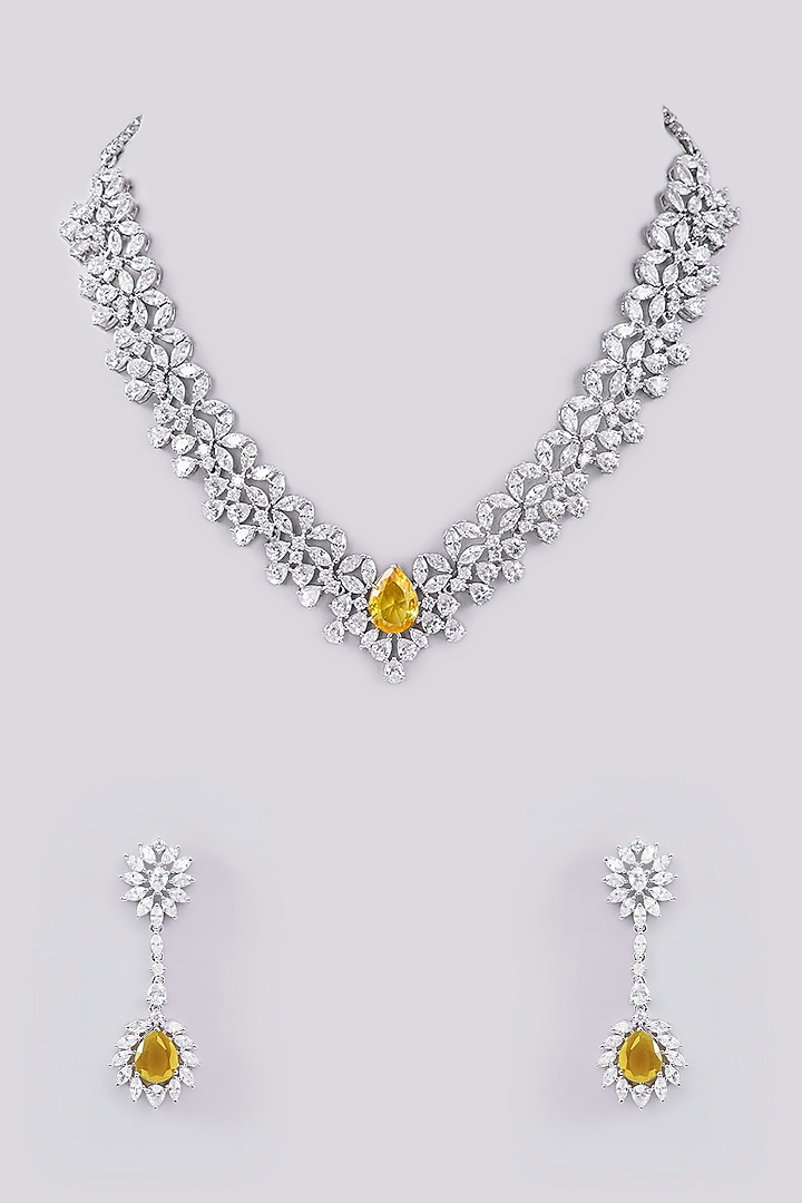 White Finish Faux Diamond Necklace Set by Zevar By Geeta at Pernia's Pop Up Shop