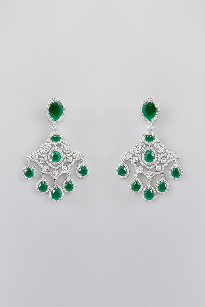 White Finish Faux Diamond & Green Stone Dangler Earrings by Zevar By Geeta at Pernia's Pop Up Shop