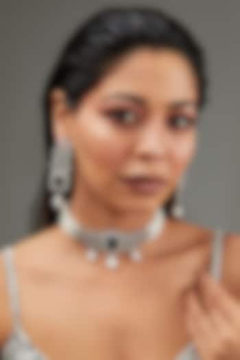 White Finish Faux Diamond & Pearl Choker Necklace Set by Zevar By Geeta